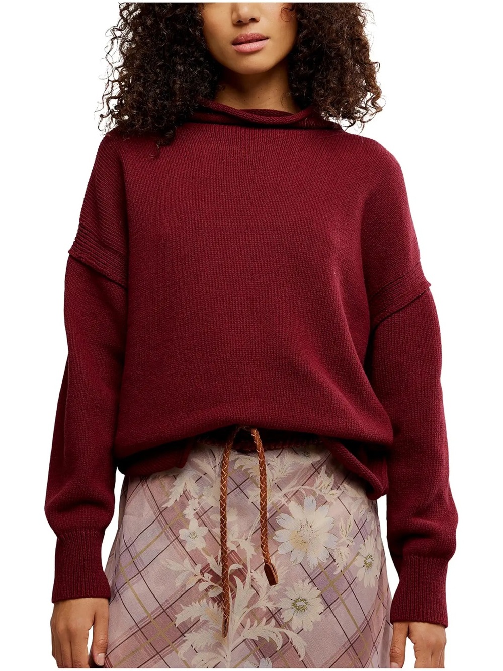 Free People We The Free Torres Roll Neck Sweater Burgundy Oversized Extra Small